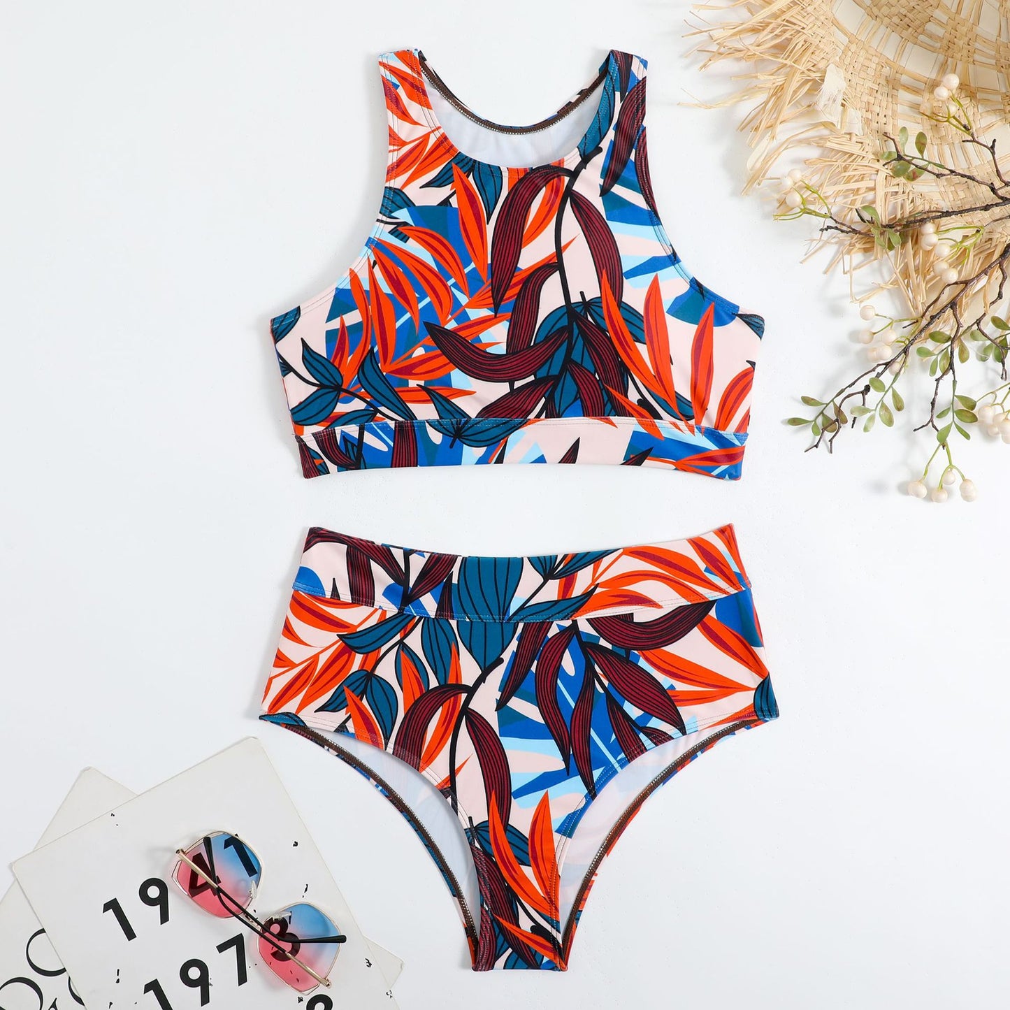 Dame Farverig mønstret Sport-Bikini med høj talje og Racerback-top Stilla