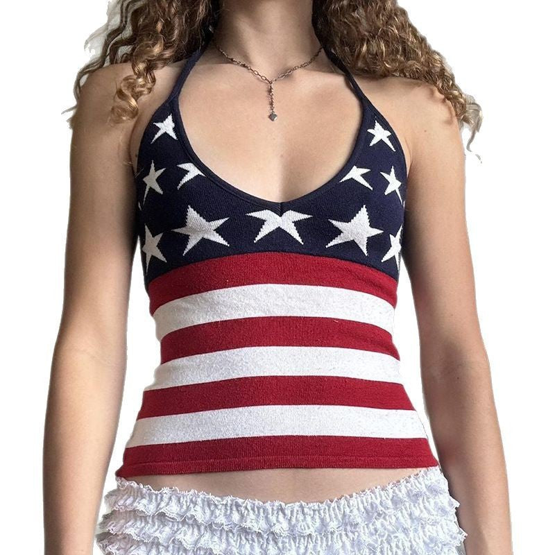 Dame tanktop med amerikansk flagmønster og V-udskæring Stilla