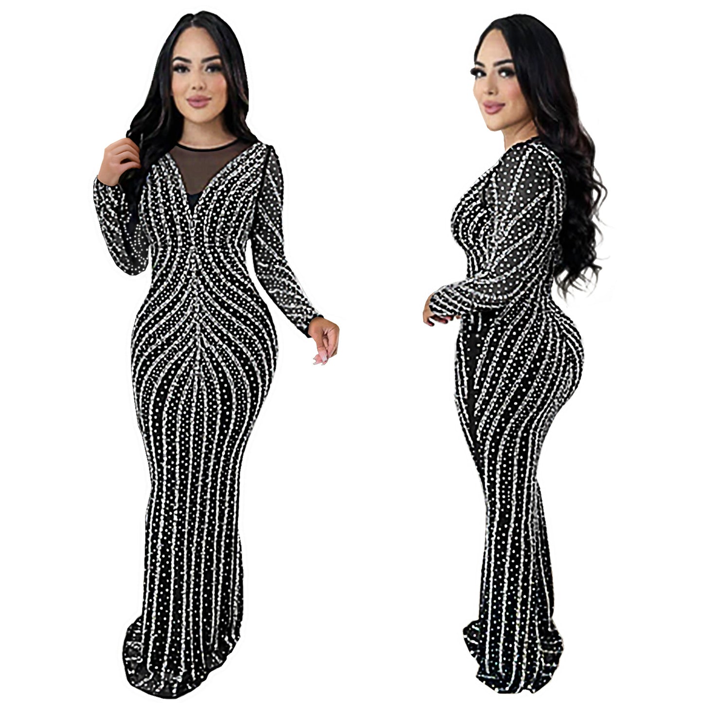 Dame Elegant aftenkjole med gennemsigtigt overdel og glitrende applikationer Stilla