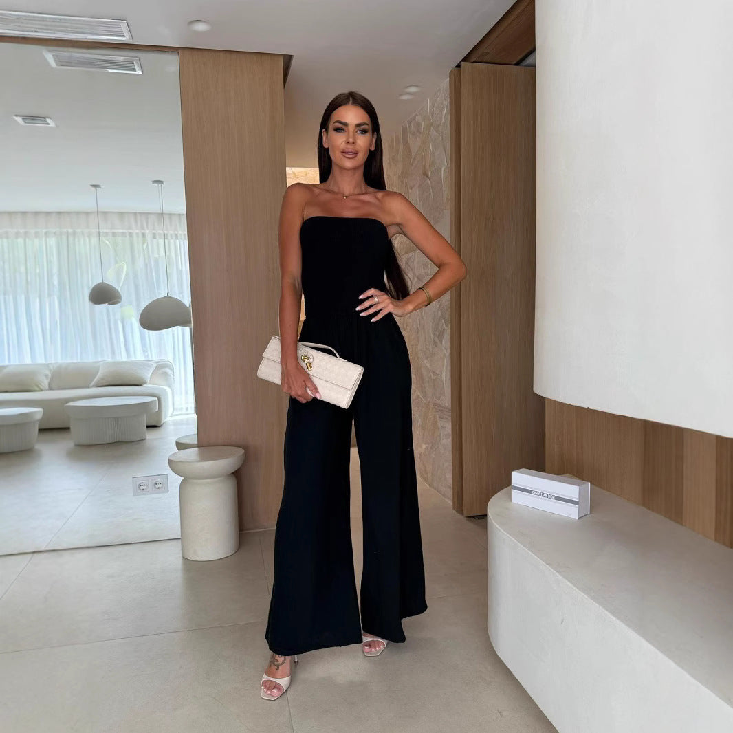 Dame Elegant Jumpsuit med bredt ben og skulderfri design Stilla