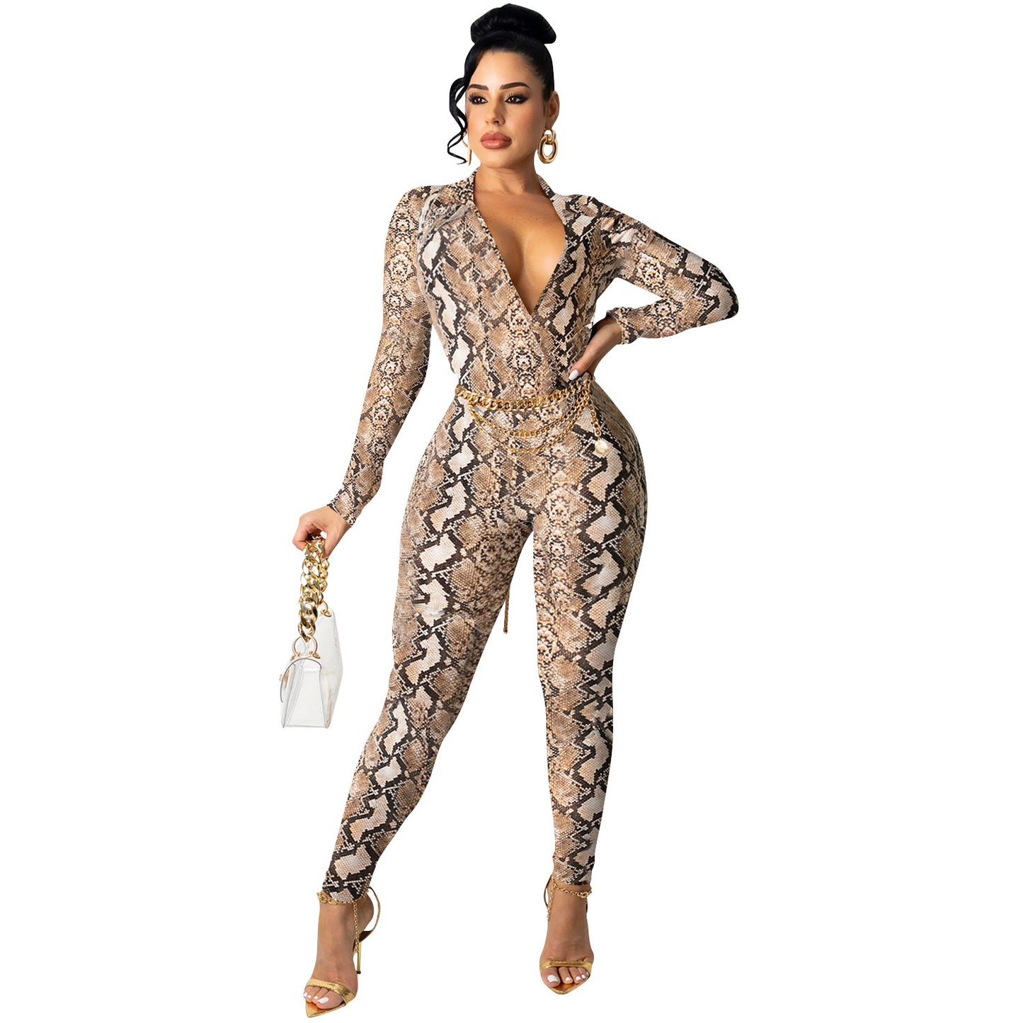 Dame elegant gulvlængde jumpsuit med slangetryk og dyb V-hals Stilla