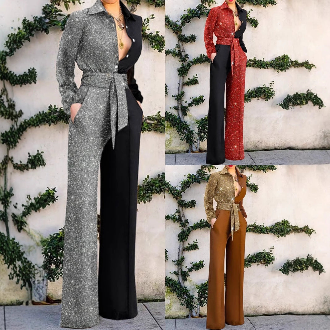 Kvinder Elegant Jumpsuit med glitrende overdel og bredt ben Stilla