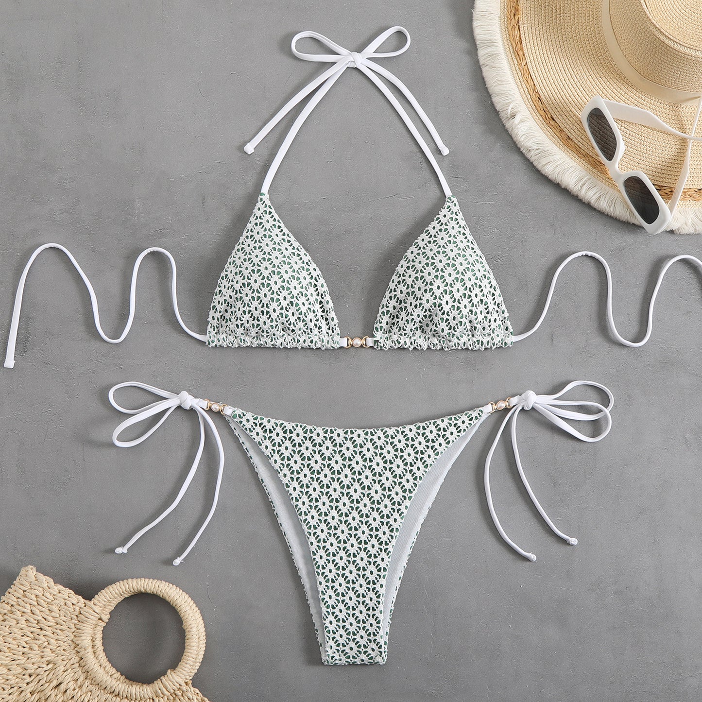 Dame Triangel-Bikini med justerbare stropper og fin spidsstruktur Stilla