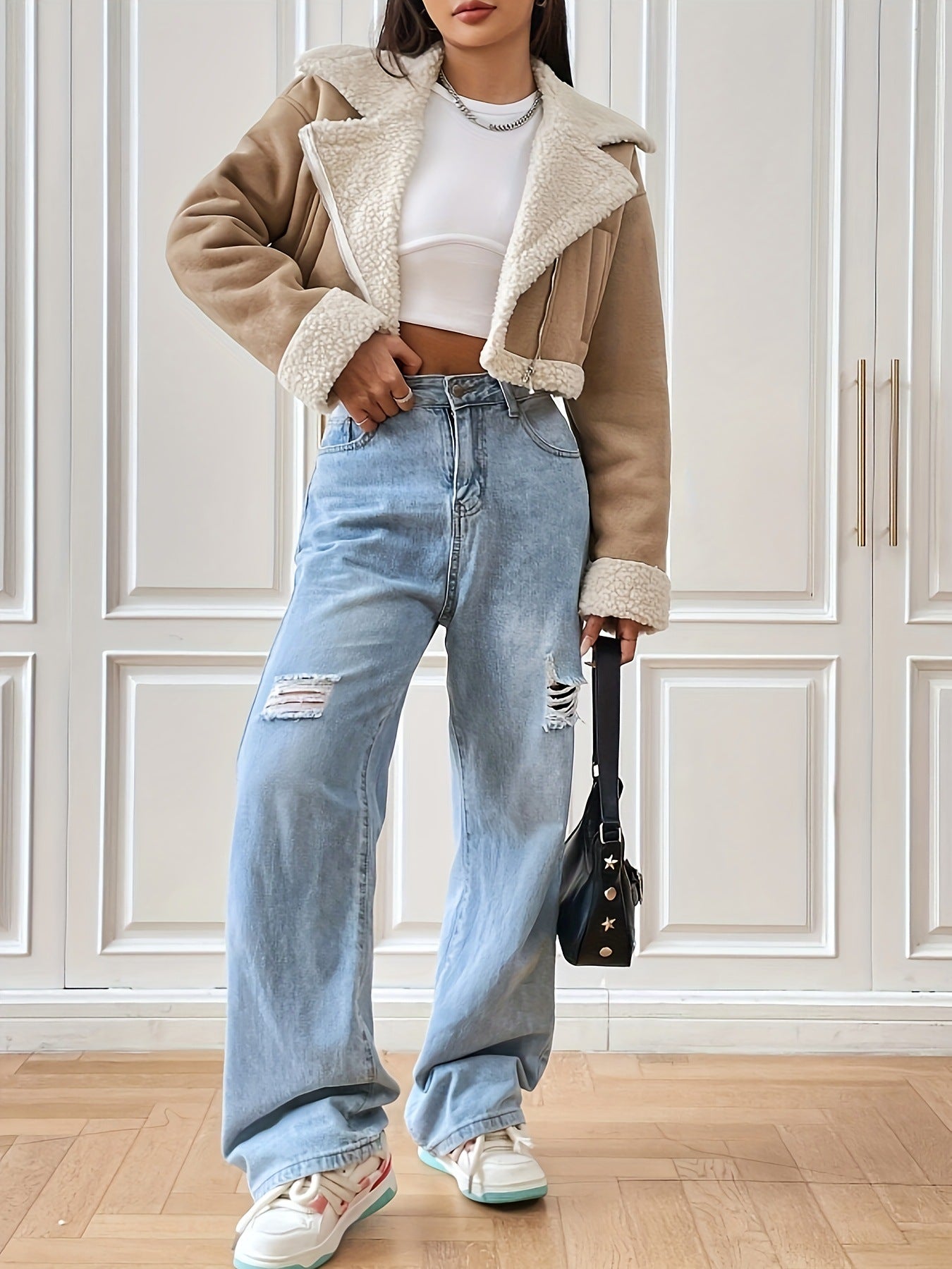 Dame elegant cropped jakke med teddyfur og lynlås Stilla