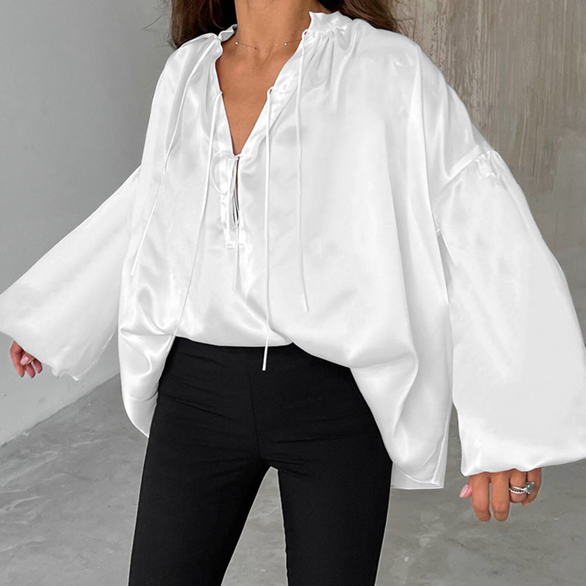Dame elegant bluse med smart bindebånd og vide ærmer Stilla