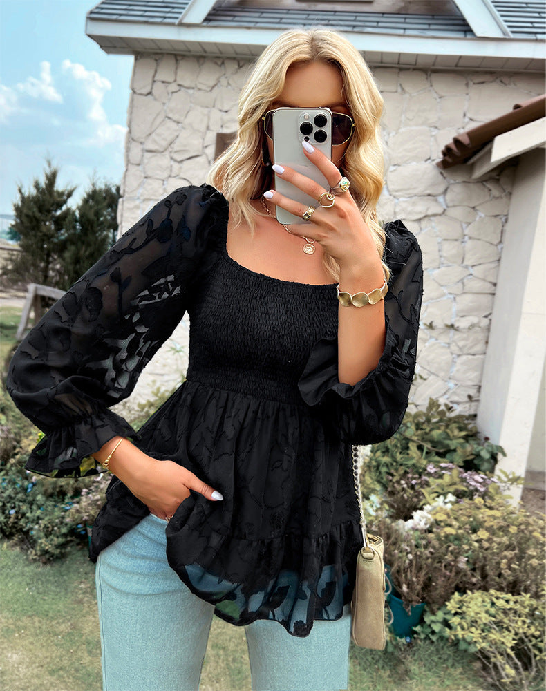 Stilla | Elegant U Hals Langærmet Blonde Top Bluse