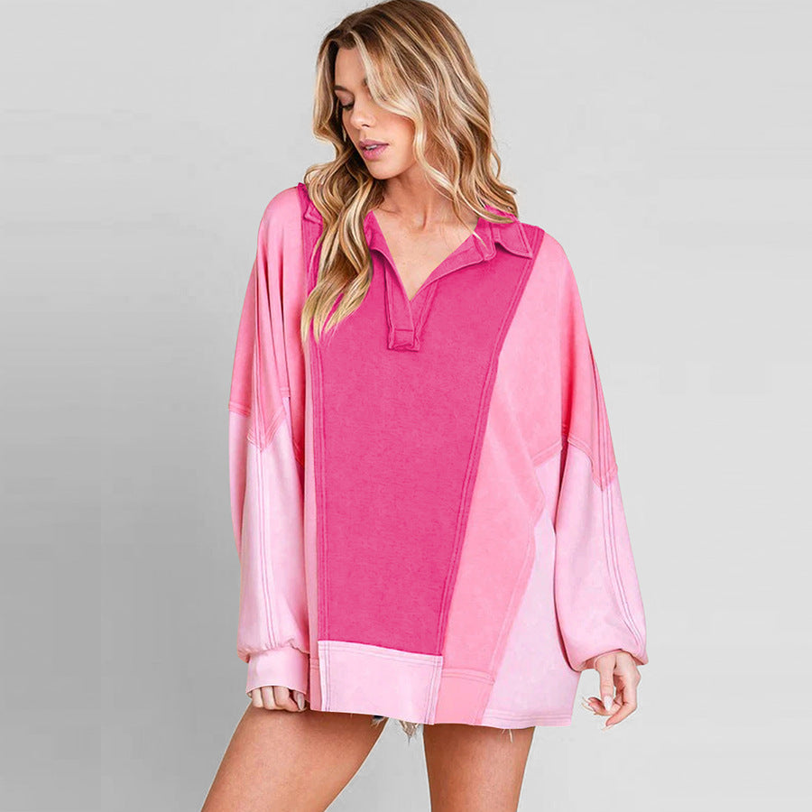 Dame afslappet oversized Sweatshirt med lynlås og farverigt patchwork-design Stilla