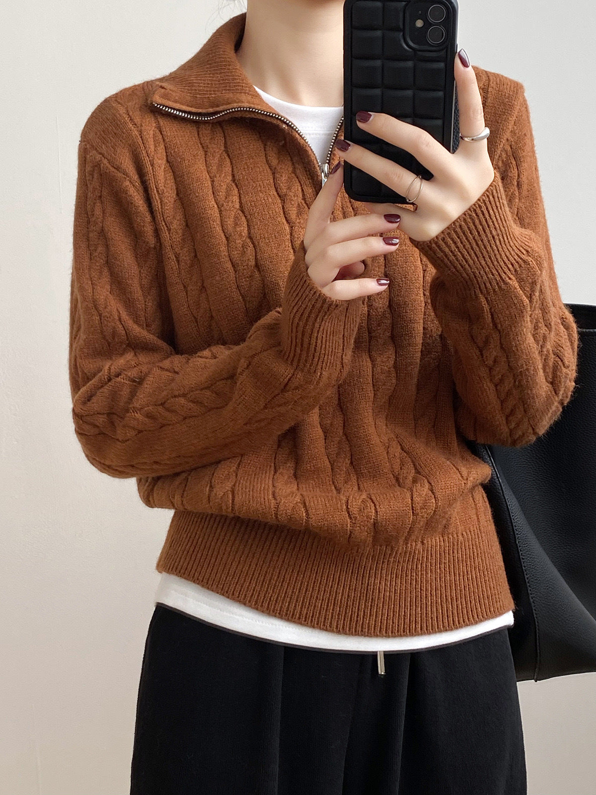 Femme Kabelstrik V-kvart-lynlå Pullover Sweater Stilla
