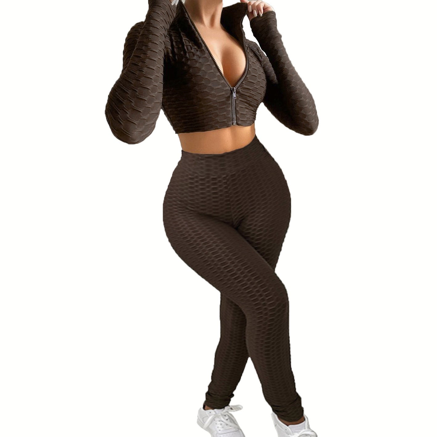 Dame Sportsæt i innovativ strukturstof med cropped hoodie og højtaljede leggings Stilla