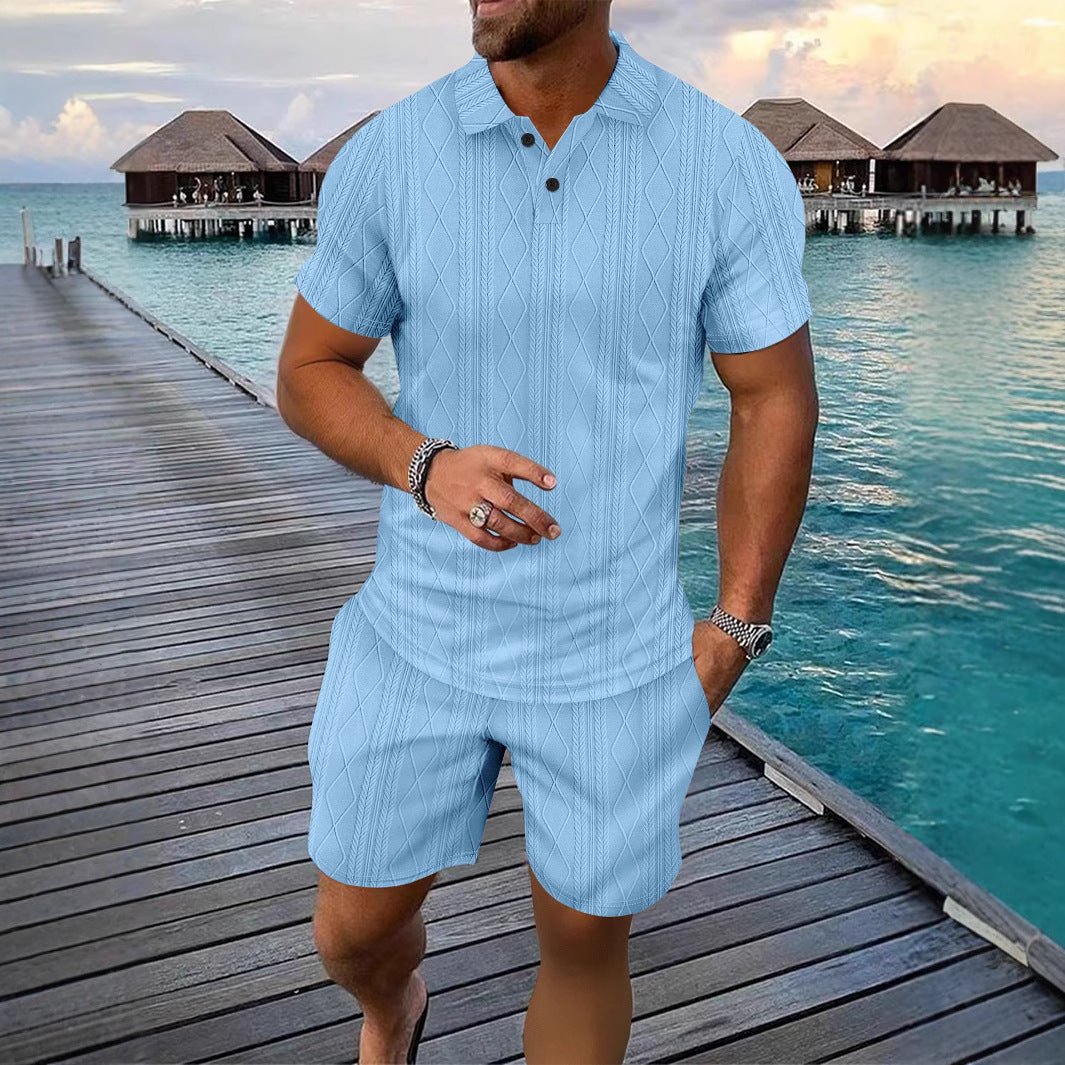 Herrer Strukturstrik Polo og Shorts Sæt Stilla
