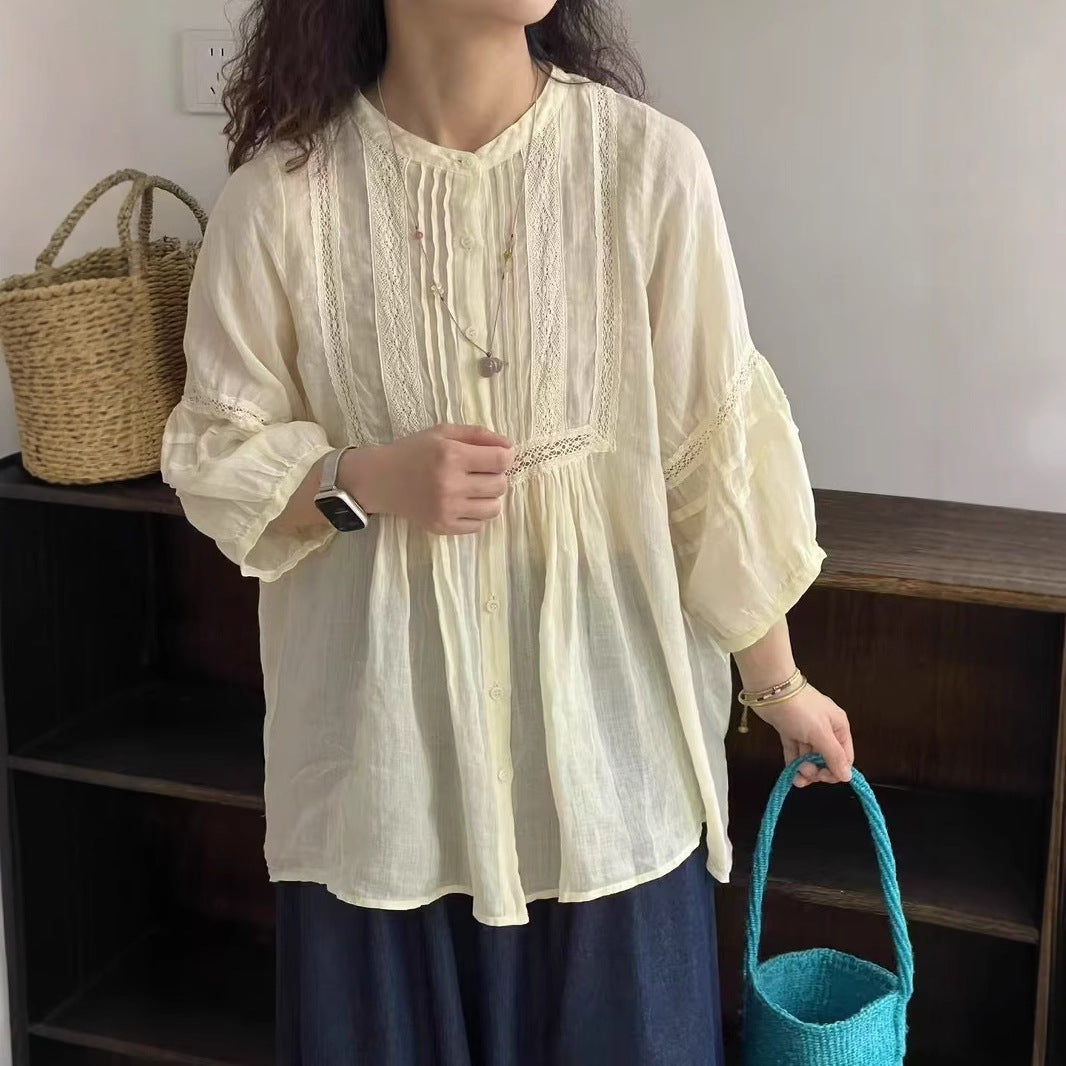 Dame Button-Up Bohemian Bluse med Blonde Stilla