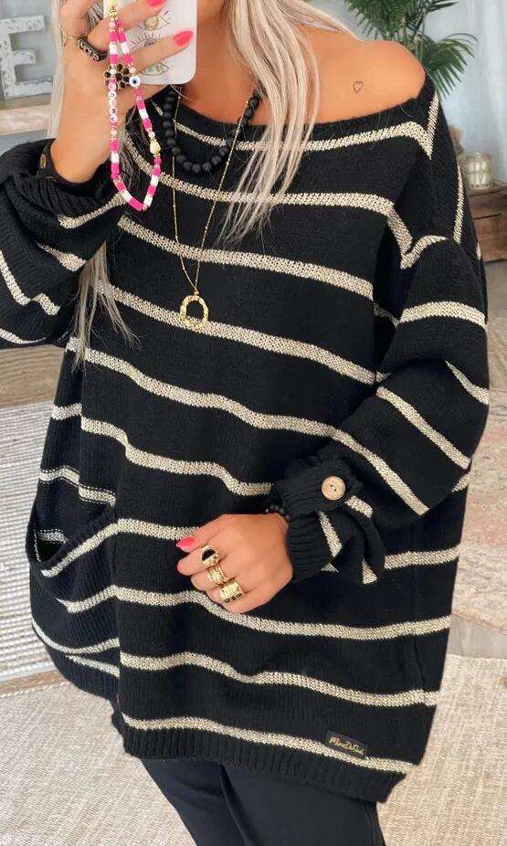 Dame Oversized Strikketrøje med elegante striber og praktiske lommer Stilla