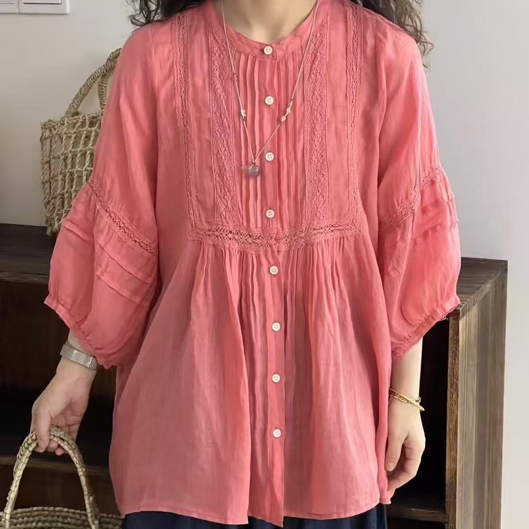 Dame Button-Up Bohemian Bluse med Blonde Stilla