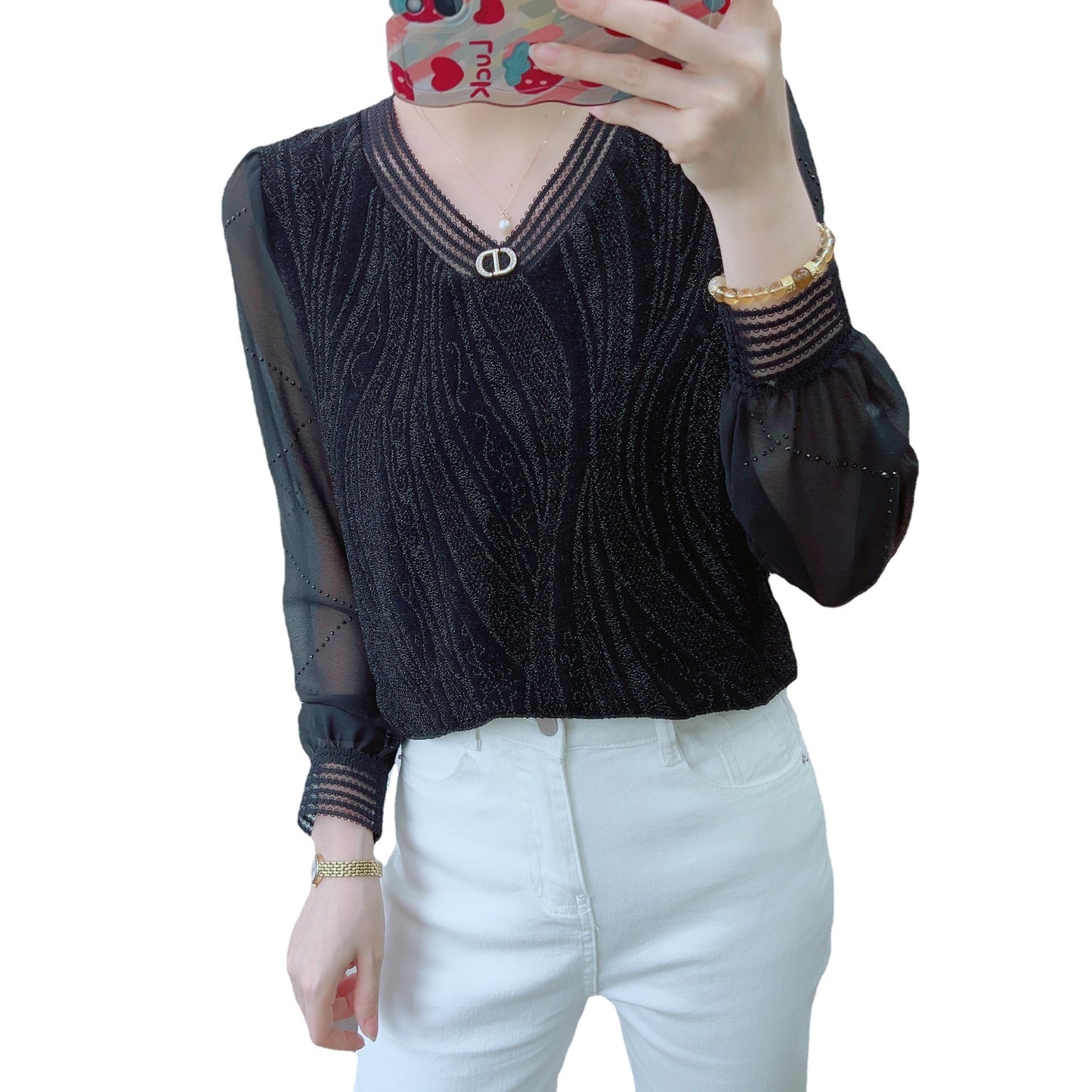 Dame Elegant Bluse med gennemsigtige pufærmer og kunstnerisk glitrende design Stilla