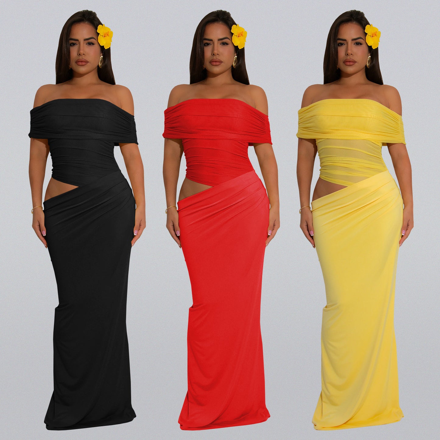 Dame Elegant Off-Shoulder-Maxi-Kjole med figursyet snit og rynk Stilla