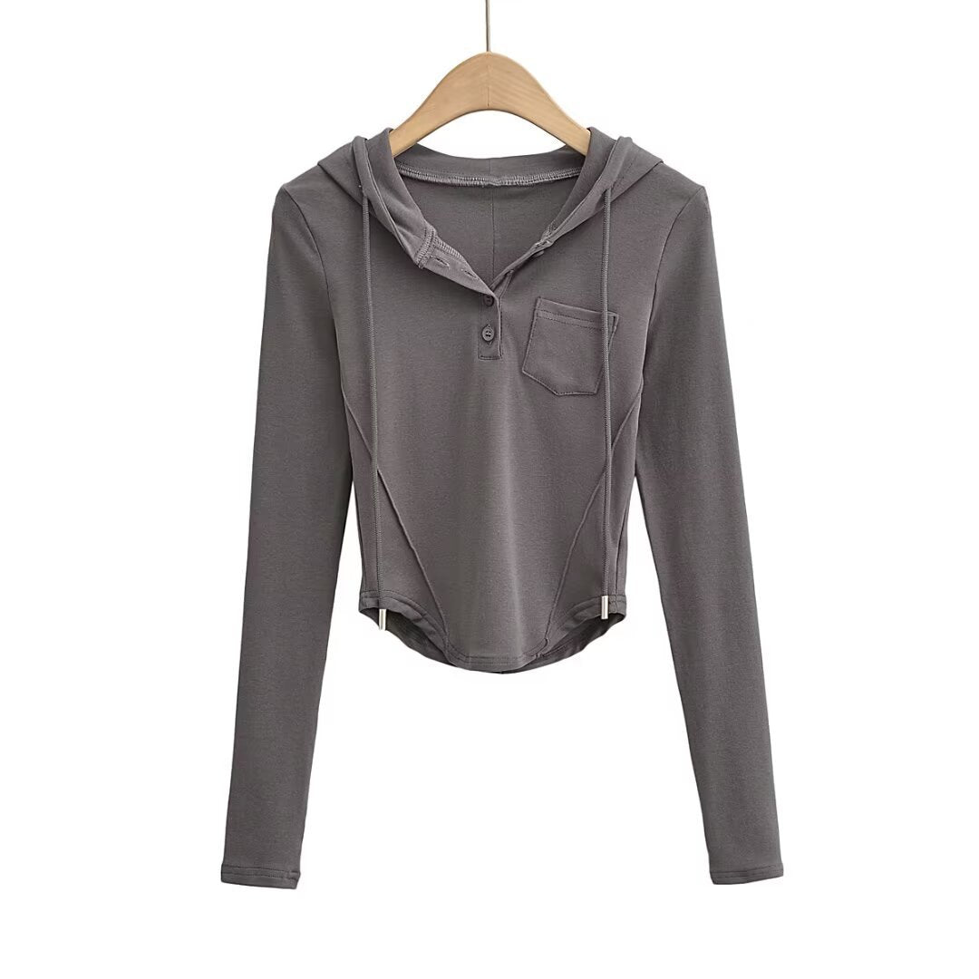 Dame afslappet langærmet hoodie med knapliste og praktiske lommer Stilla