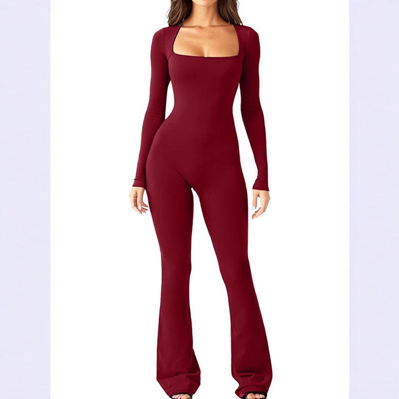 Dame Elegant Langærmet Jumpsuit med dyb kvadratisk U-hals og flatterende snit Stilla