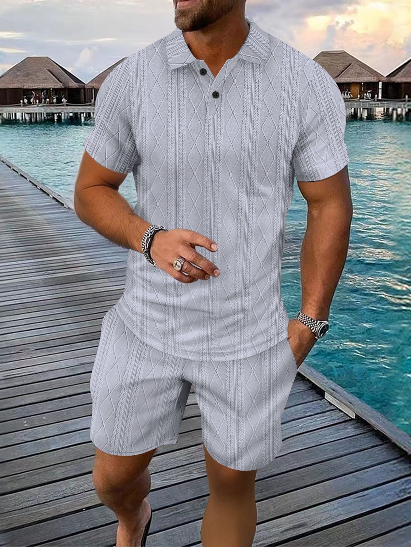 Herrer Strukturstrik Polo og Shorts Sæt Stilla