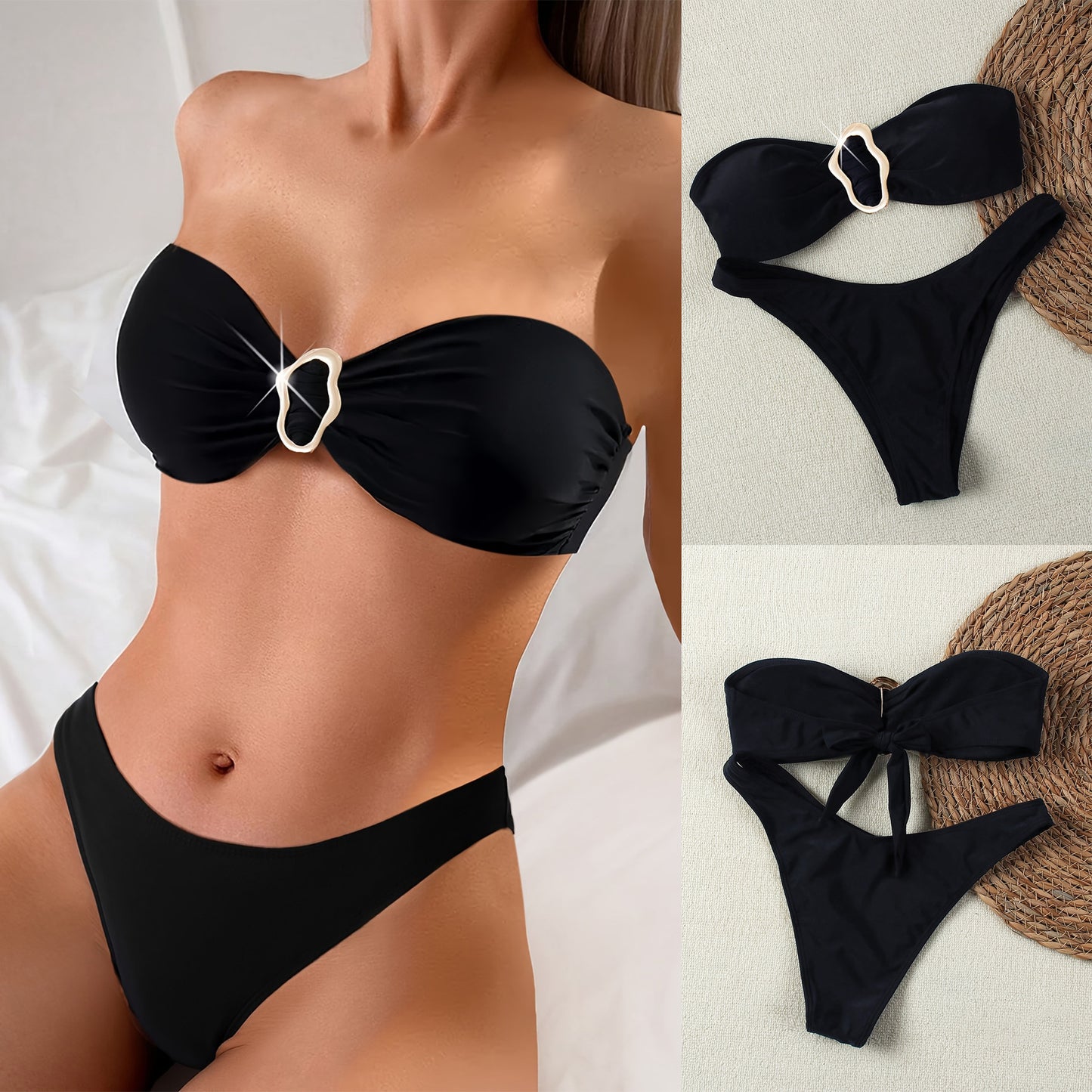 Dame Bandeau-bikini med dekorativ ringdetalje og figursyet høj talje trusse Stilla