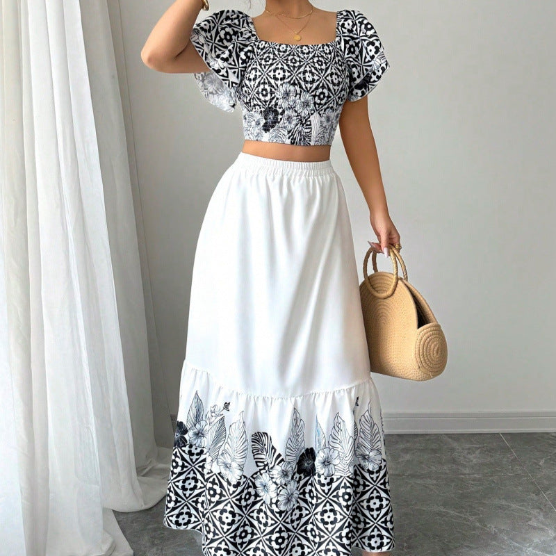 Dame Crop-top med voluminøse ærmer og elegant nederdel Stilla