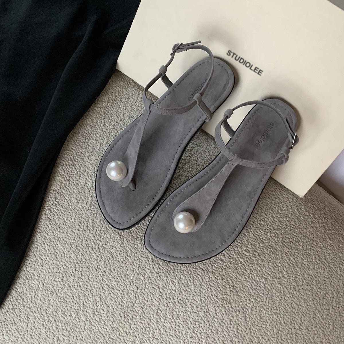 Dame perleprydede T-strop flade sandaler Stilla