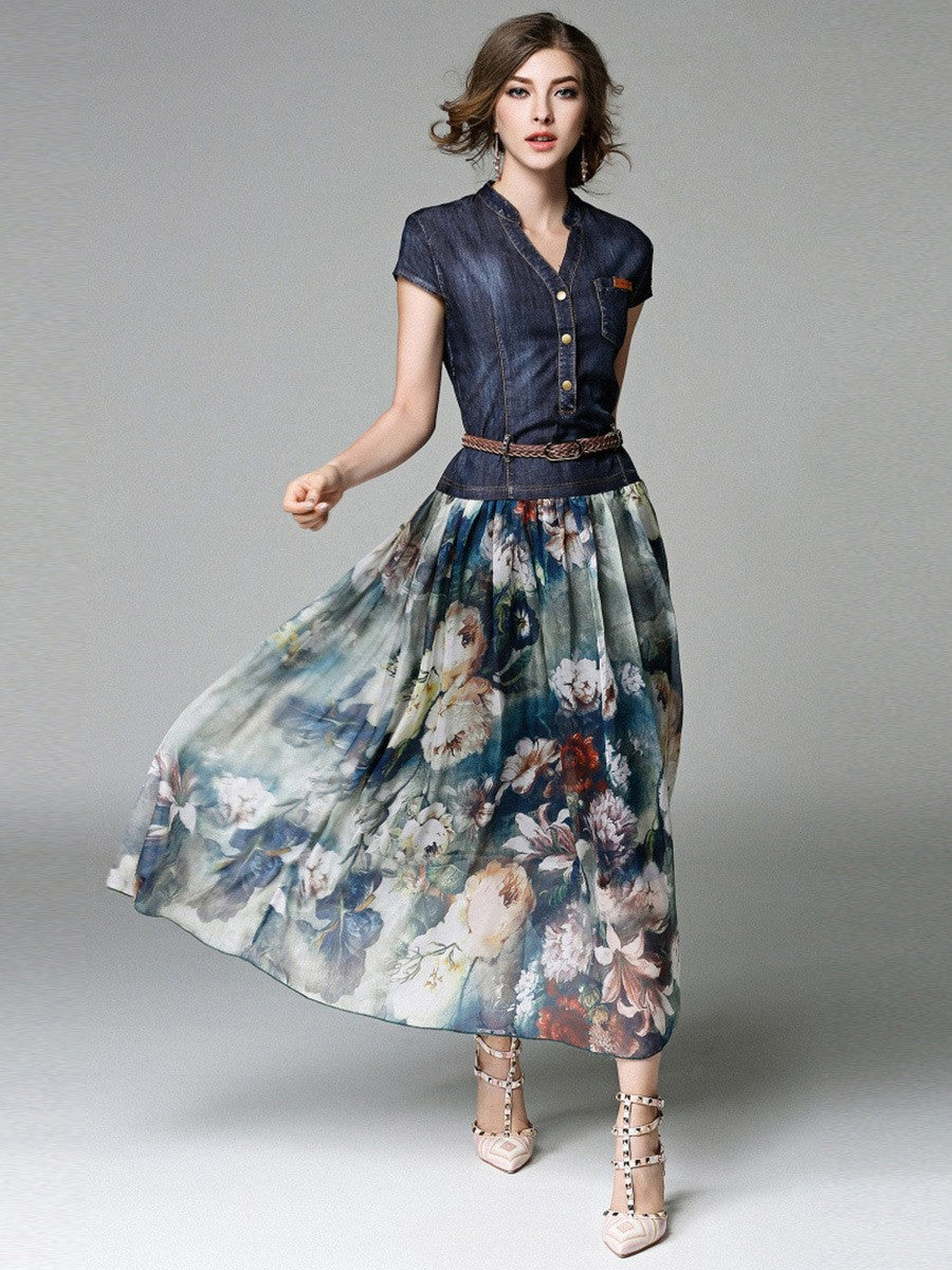 Stilla | Elegant Patchwork Print Stropkjole Midi Kjole