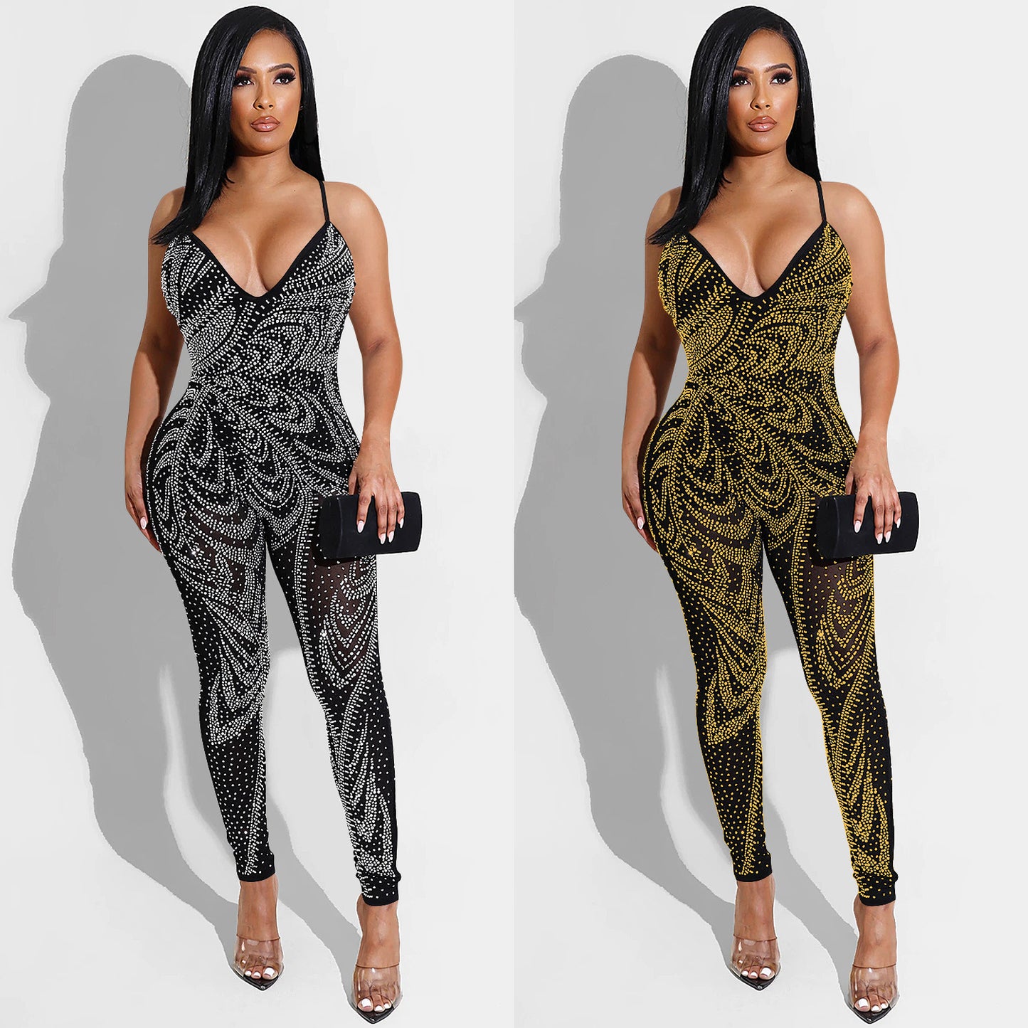 Dame Funklende Jumpsuit med gennemsigtigt design og luksuriøse rhinestones dekorationer Stilla