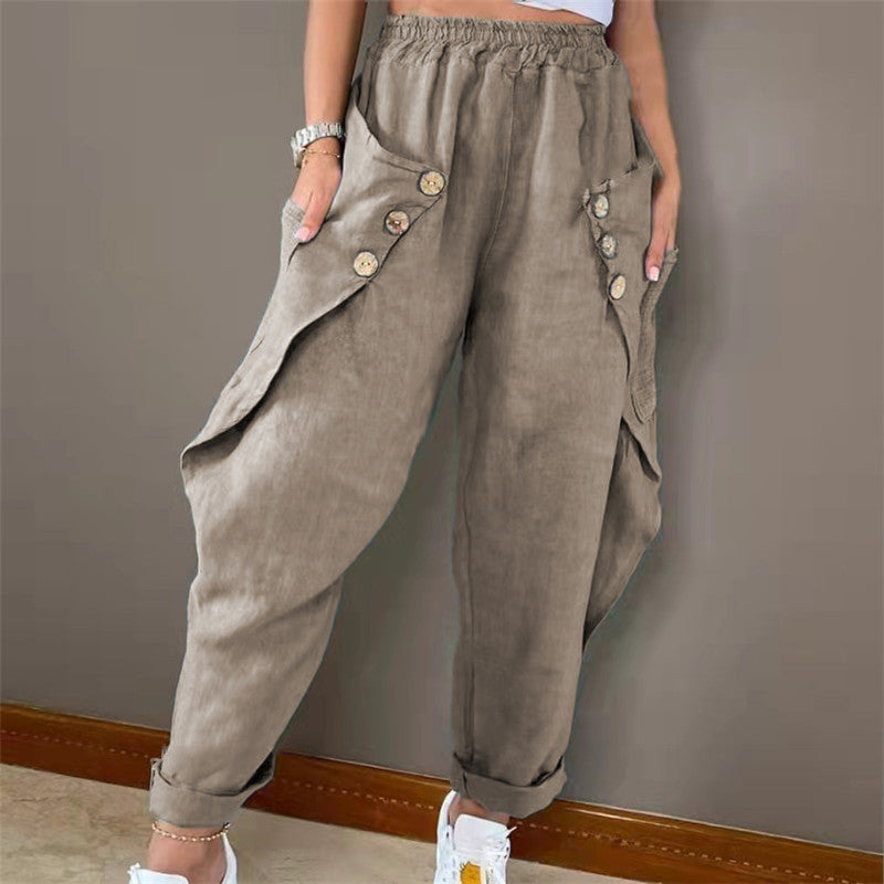 Dame Casual Cargo Bukser med Knapdetaljer og Bred Snit Stilla