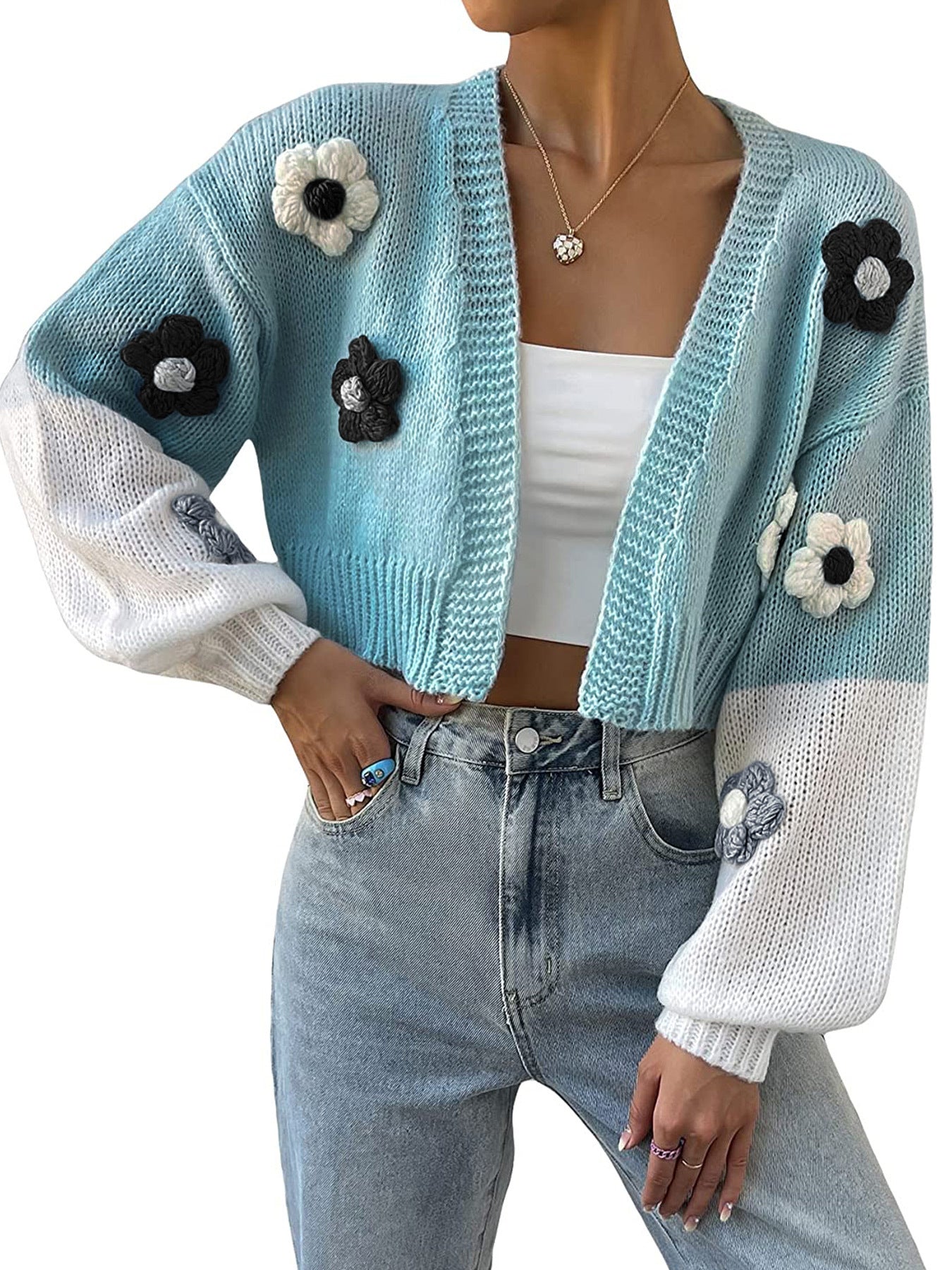 Dame trendy strikcardigan med blomsterapplikationer og løstsiddende pasform Stilla
