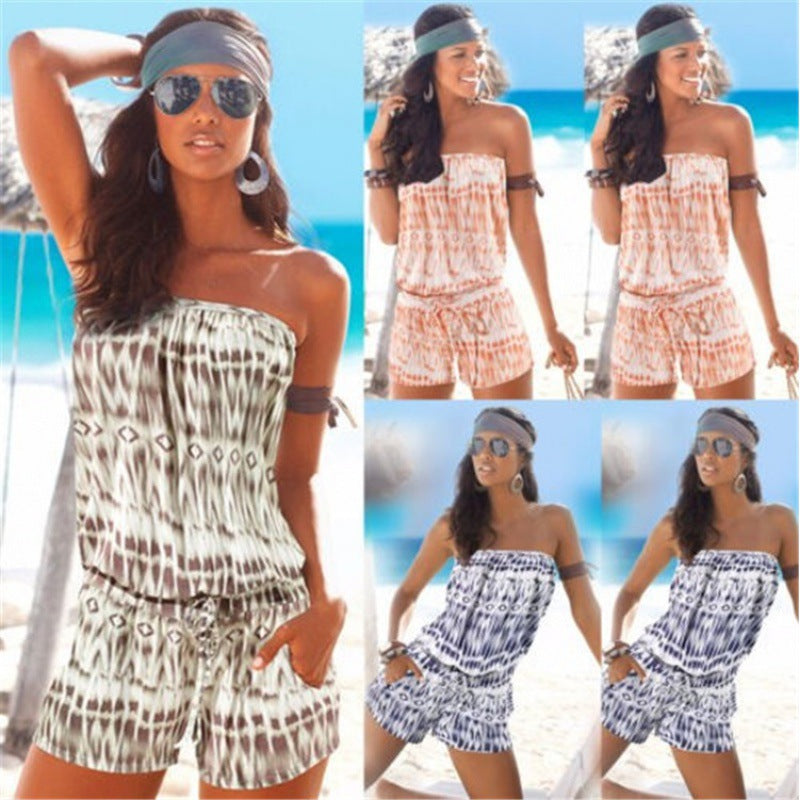 Dame luftig jumpsuit i etnisk stil med skulderfri design Stilla