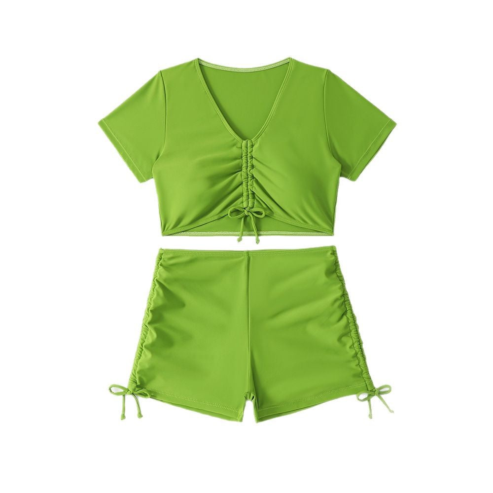 Dame Crop-Top Bikini-Sæt med Rynker og Justerbare Shorts Stilla