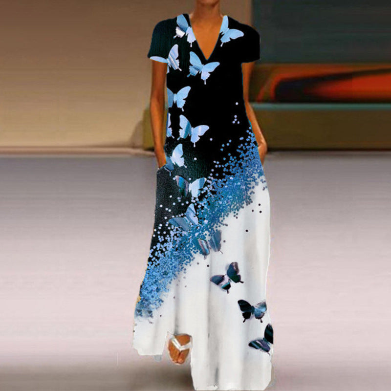 Stilla | Chic Butterfly Print V-hals Korte Ærmer Kjole