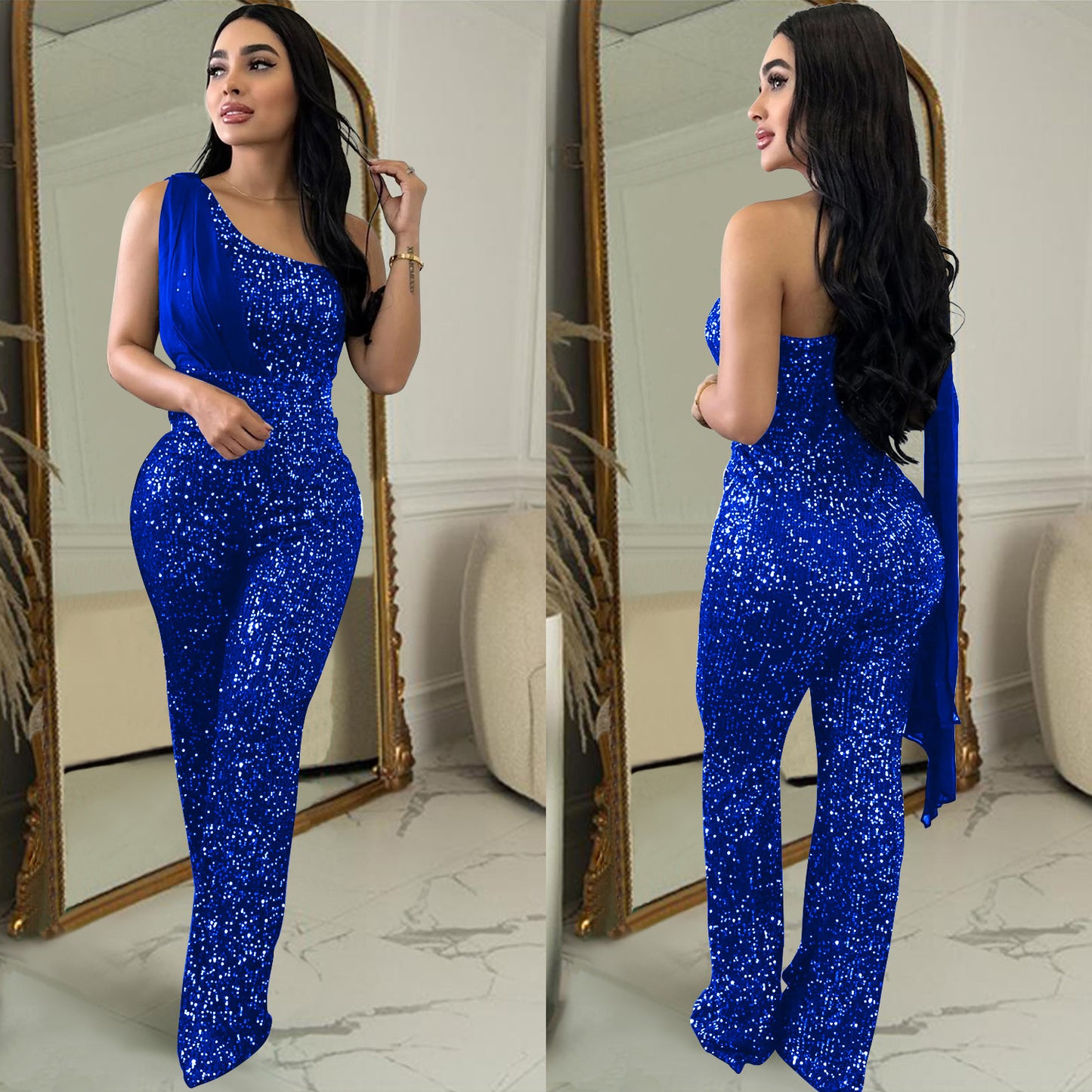 Dame Elegant Paillet-Jumpsuit med asymmetrisk udskæring og figursyet pasform Stilla