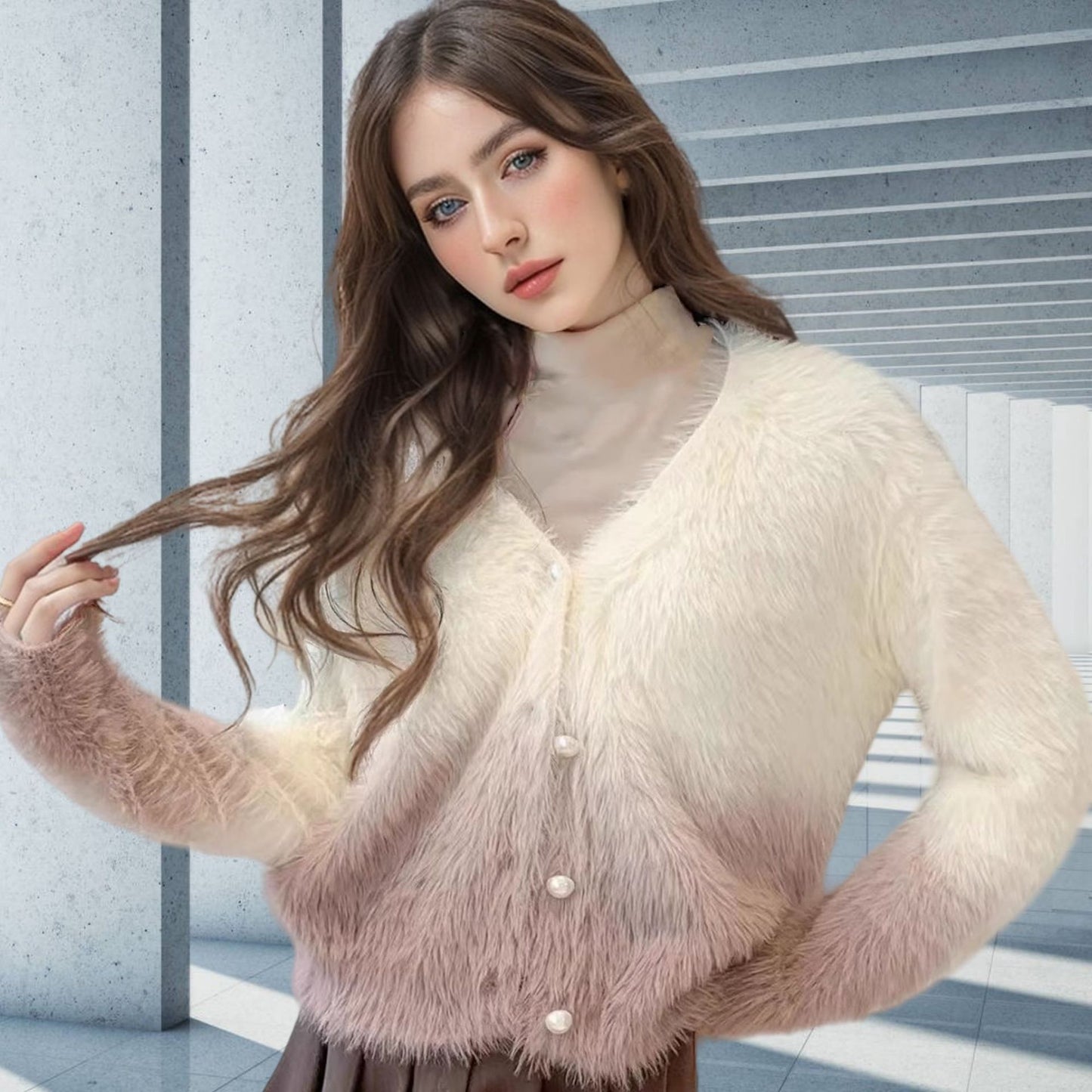 Dame moderigtig strikcardigan med elegant kunstpels og knaplukning Stilla