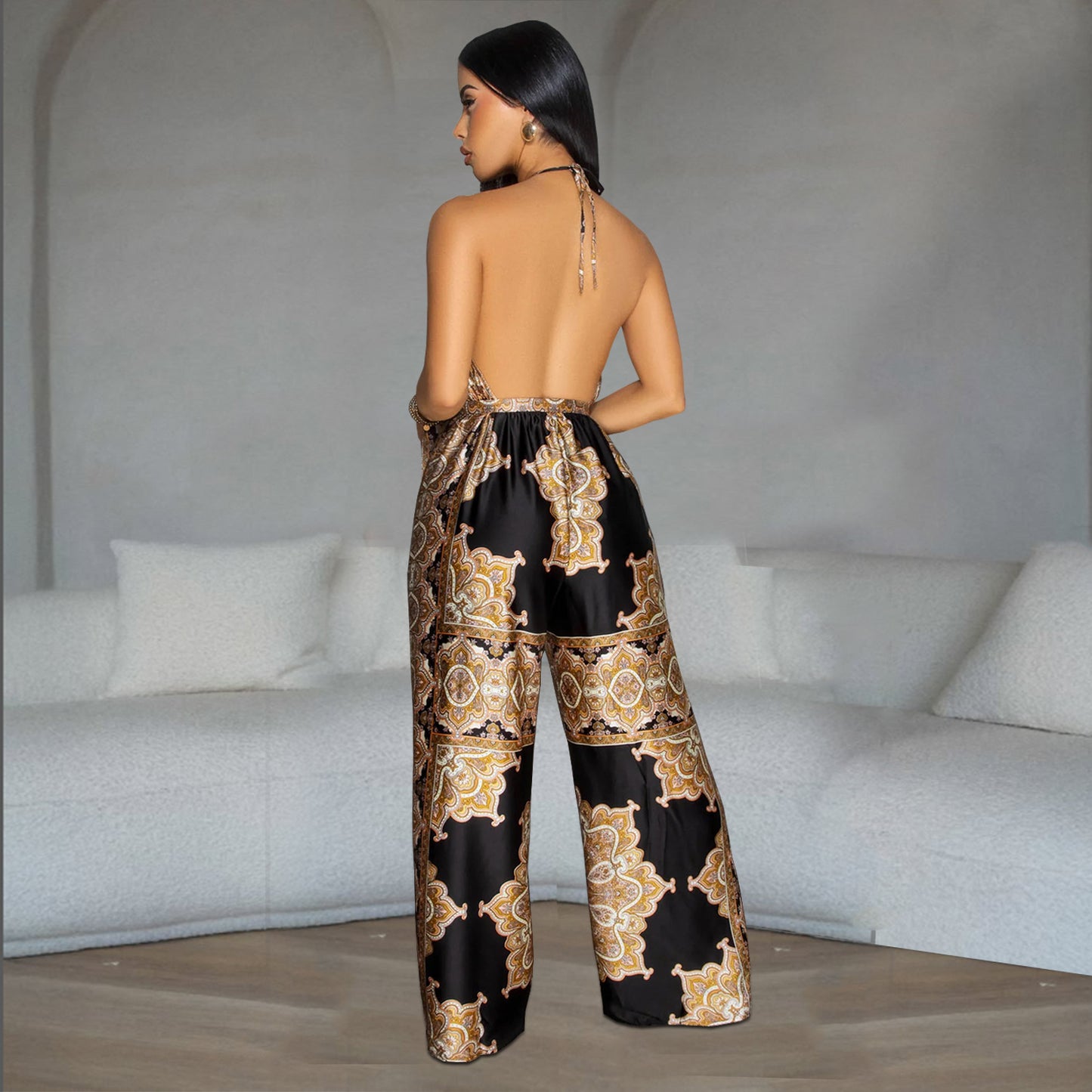 Dame jumpsuit med bred ben og bindebælte Stilla