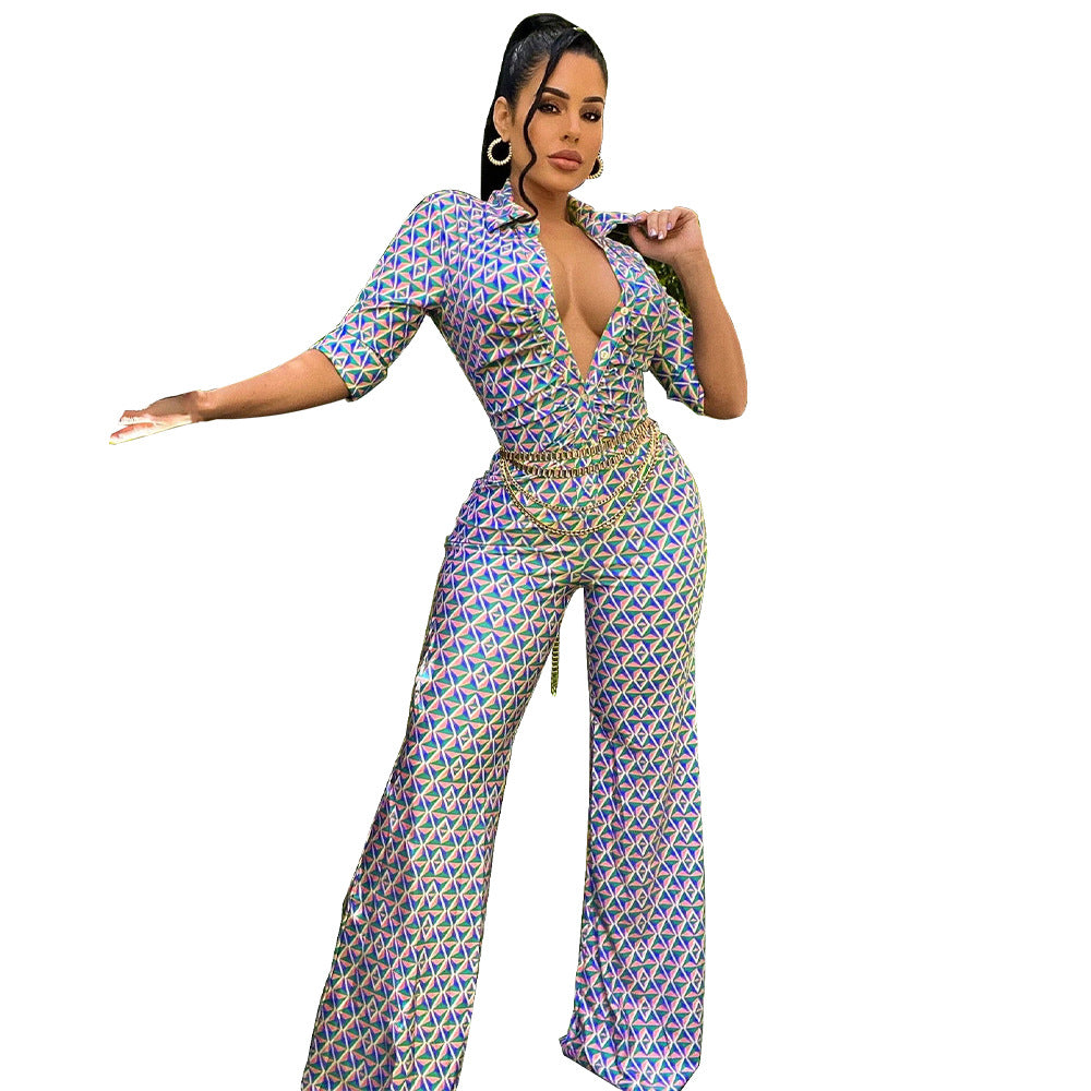Dame jumpsuit med geometrisk design og smart taljebælte Stilla
