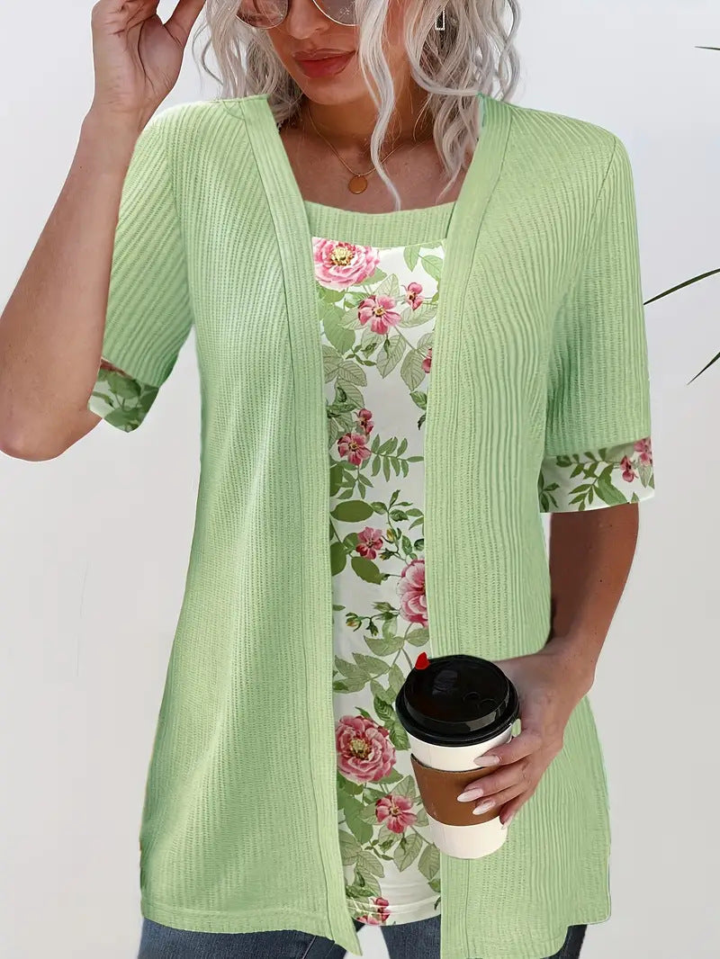 Dame afslappet cardigan med blomstret foer og 3/4-ærmer Stilla