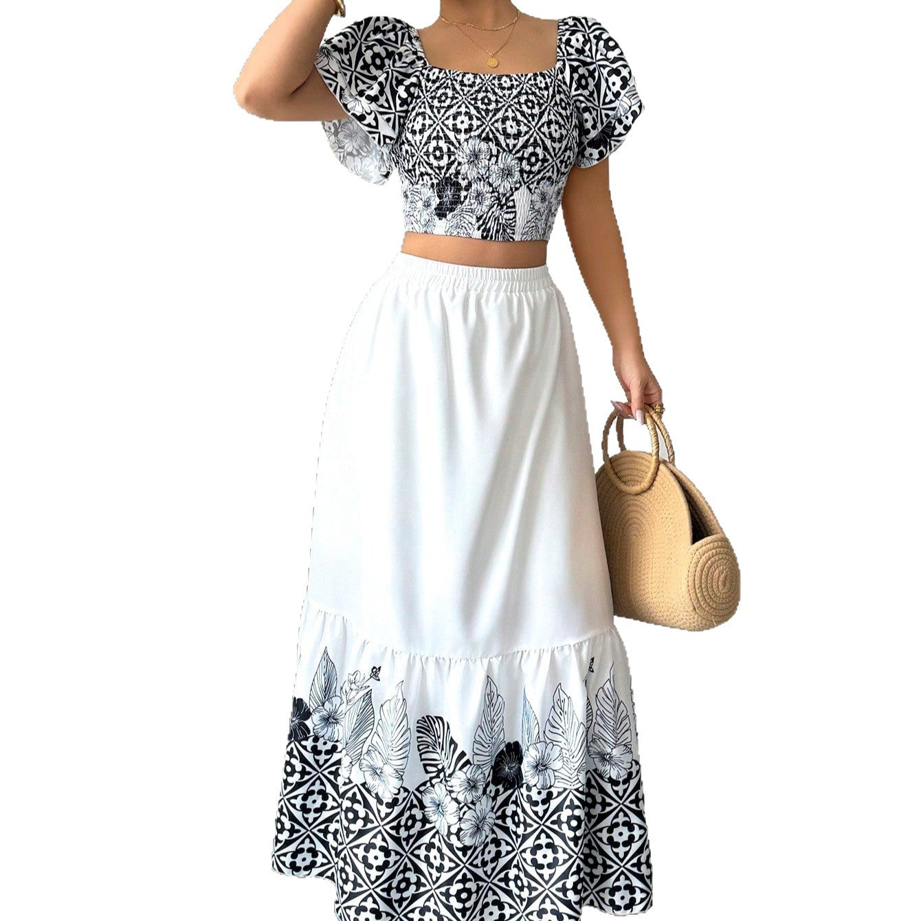 Dame afslappet crop top og maxi nederdel i sæt med blomsterdesign Stilla