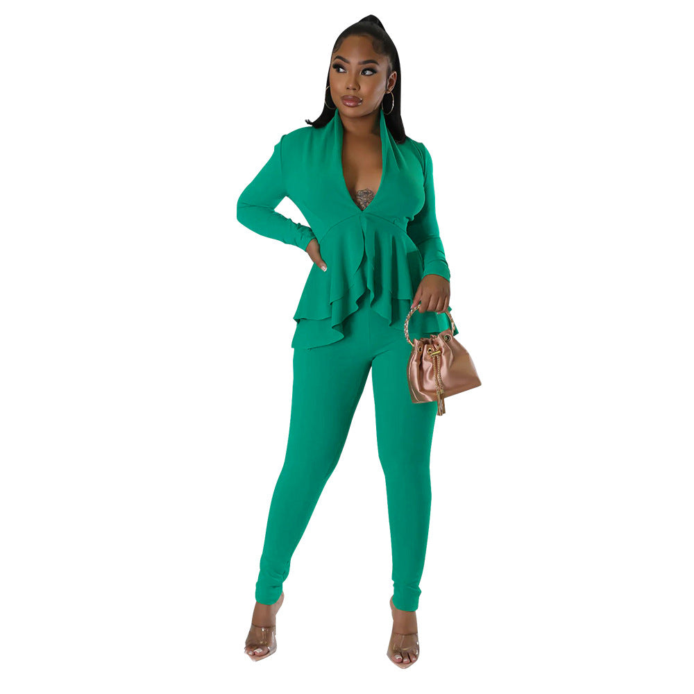 Dame elegant Jumpsuit med ruffles og dyb V-udskæring Stilla
