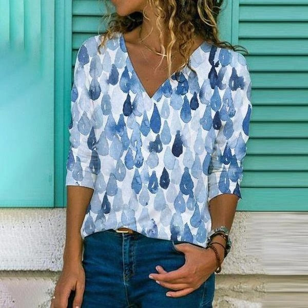 Stilla | Fashionable Print V Hals Langærmet T-shirt