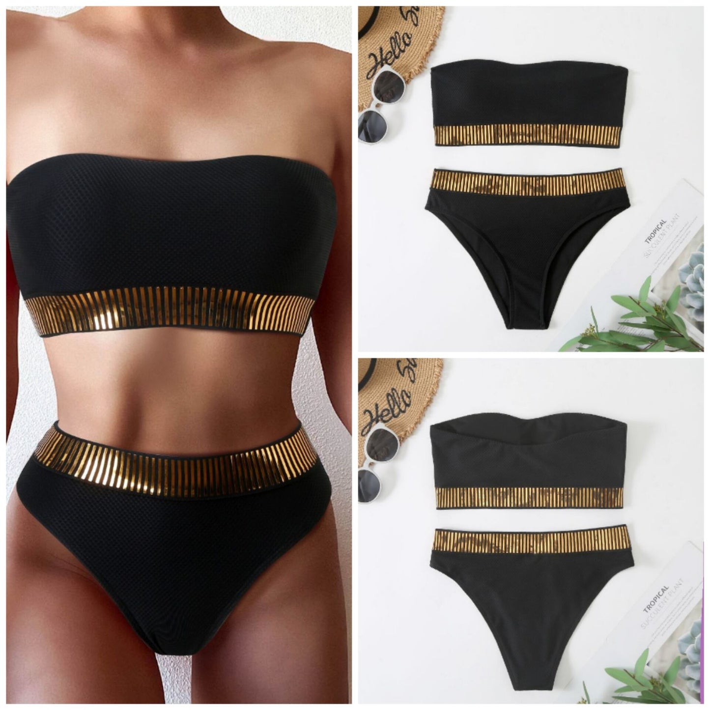 Dame Bandeau-Bikini med blanke accenter og høj talje Stilla