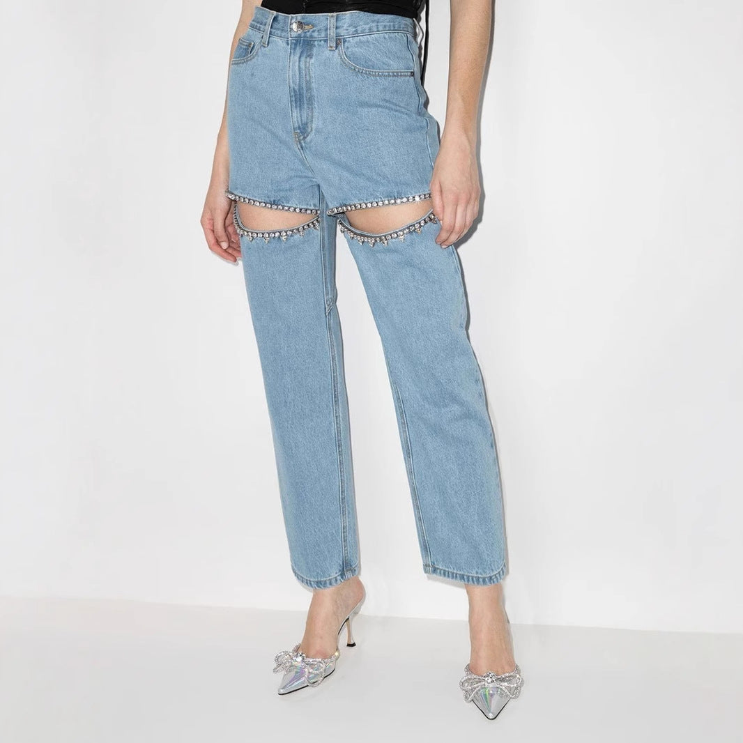 Dame højskårne jeans med stribede cut-out-detaljer og stilfulde strass-applikationer Stilla