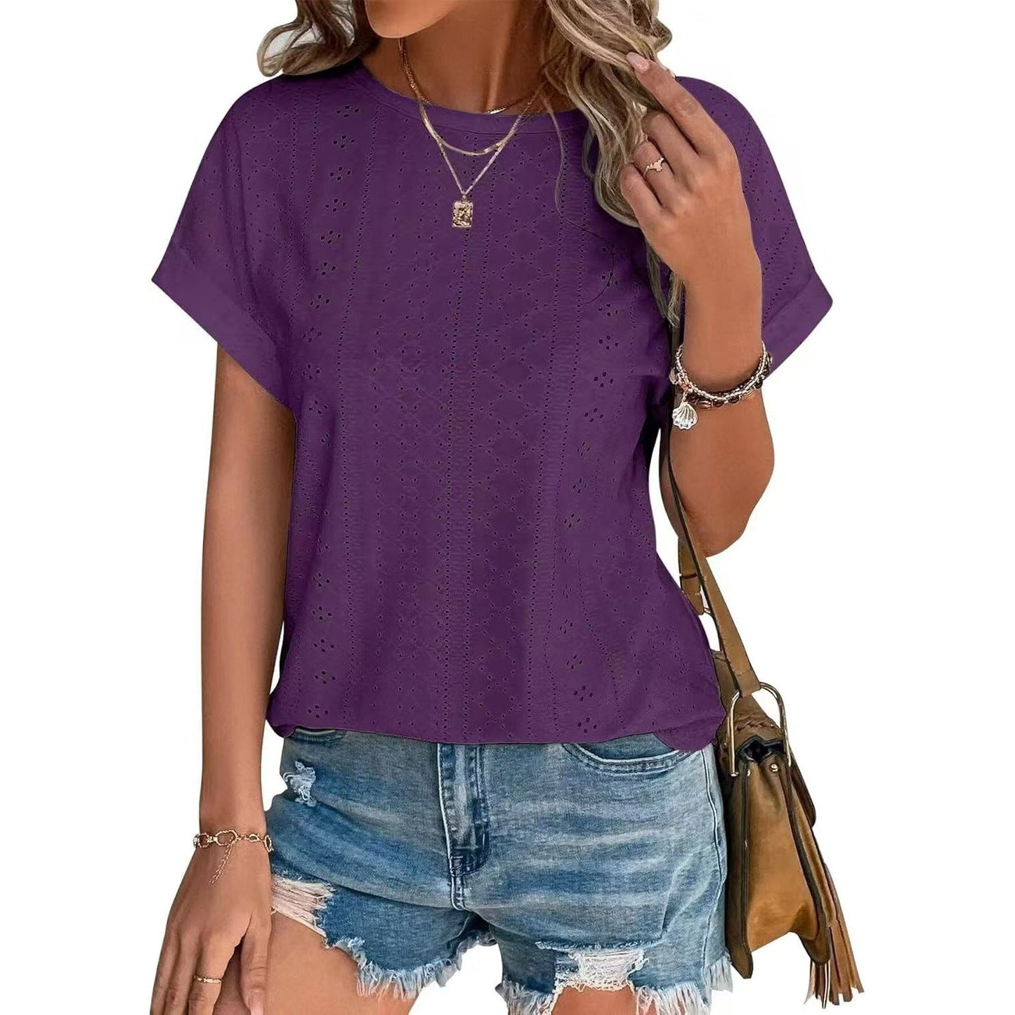 Stilla | Basic Solid Rund Hals Løs Kort Ærme T-shirt