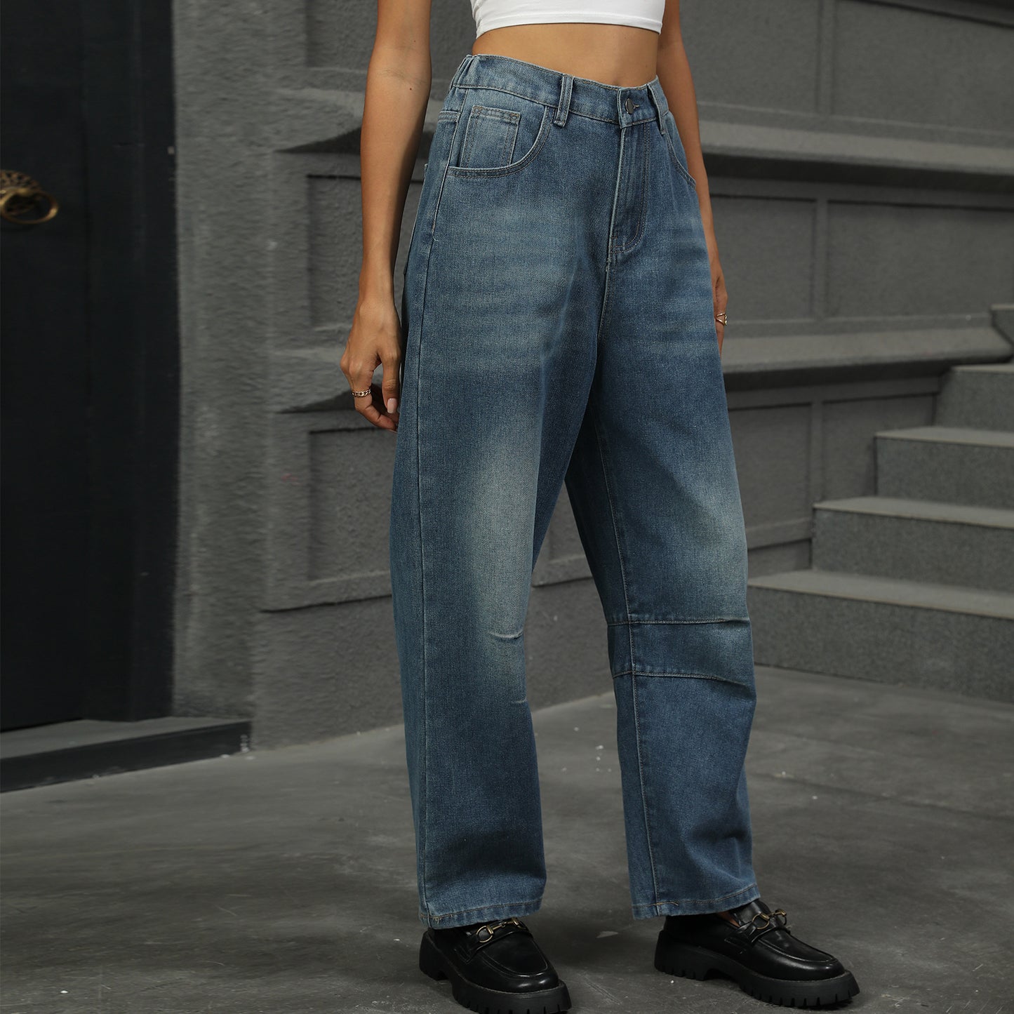 Dame løse høj talje jeans med bred ben og lommer Stilla