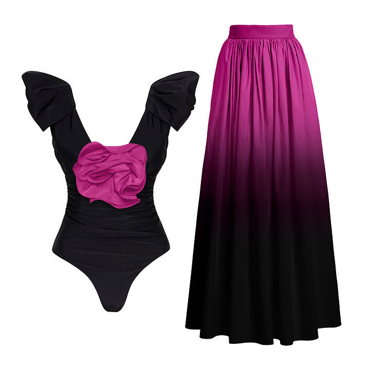 Dame elegant badetøjs-sæt med ruffle-detail og maxi-nederdel Stilla