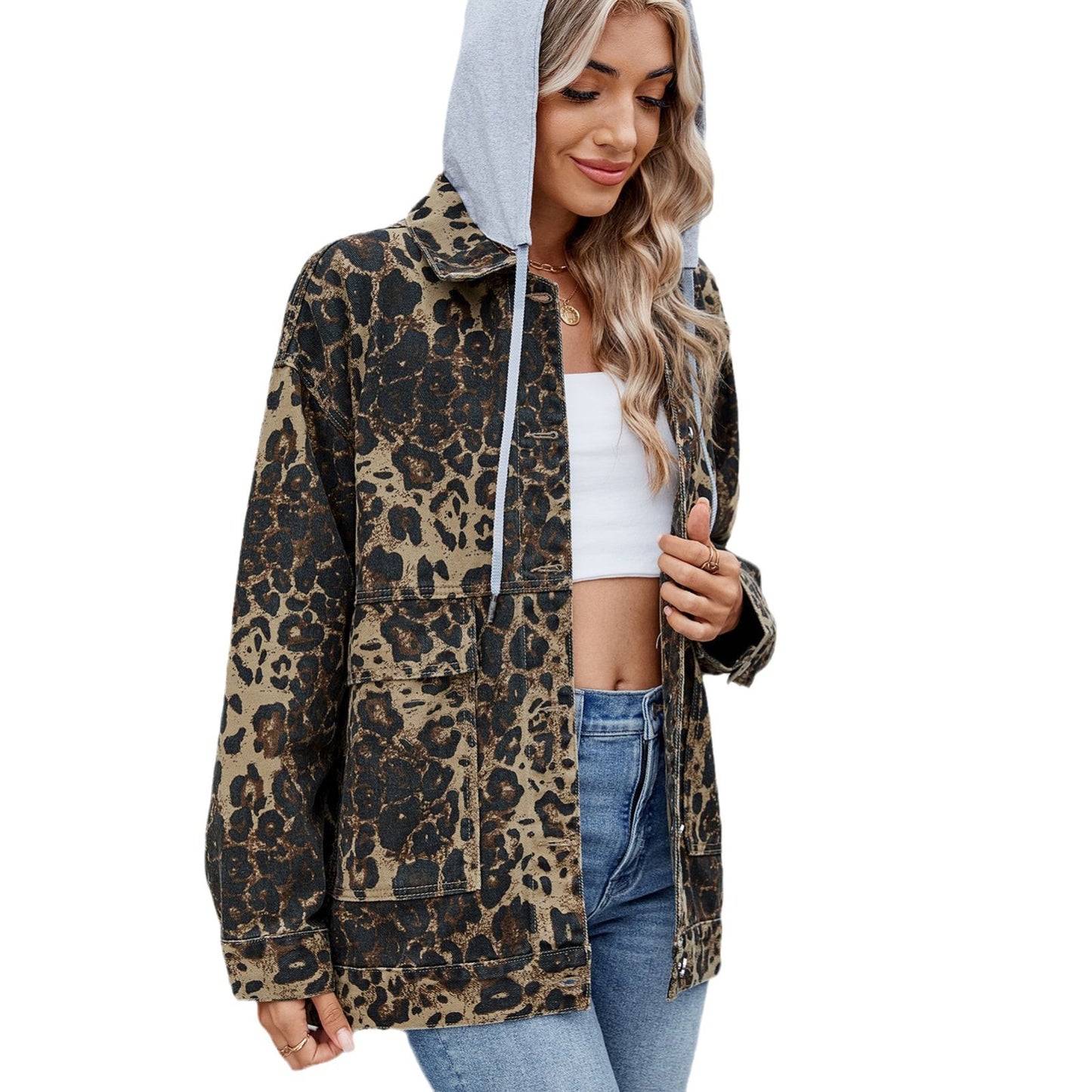 Dame Oversized Jeansjakke i moderne Leo-design med afslappet snit Stilla