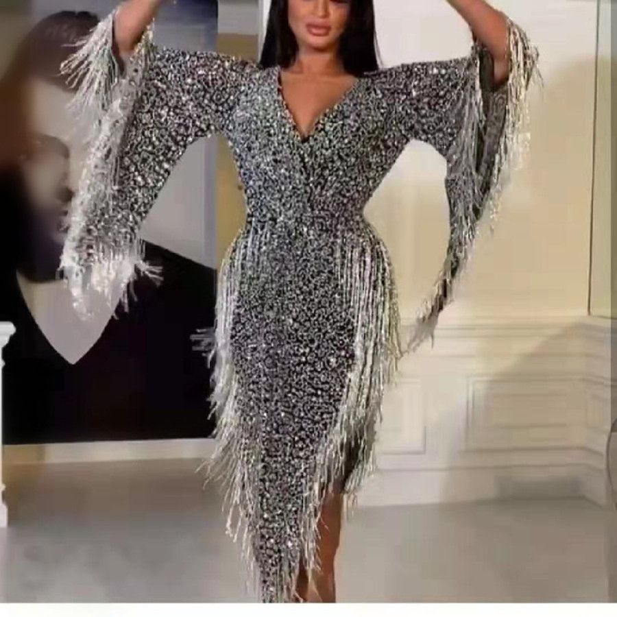 Damer Glamourøst Jumpsuit med skinnende frynser og dyb V-udskæring Stilla