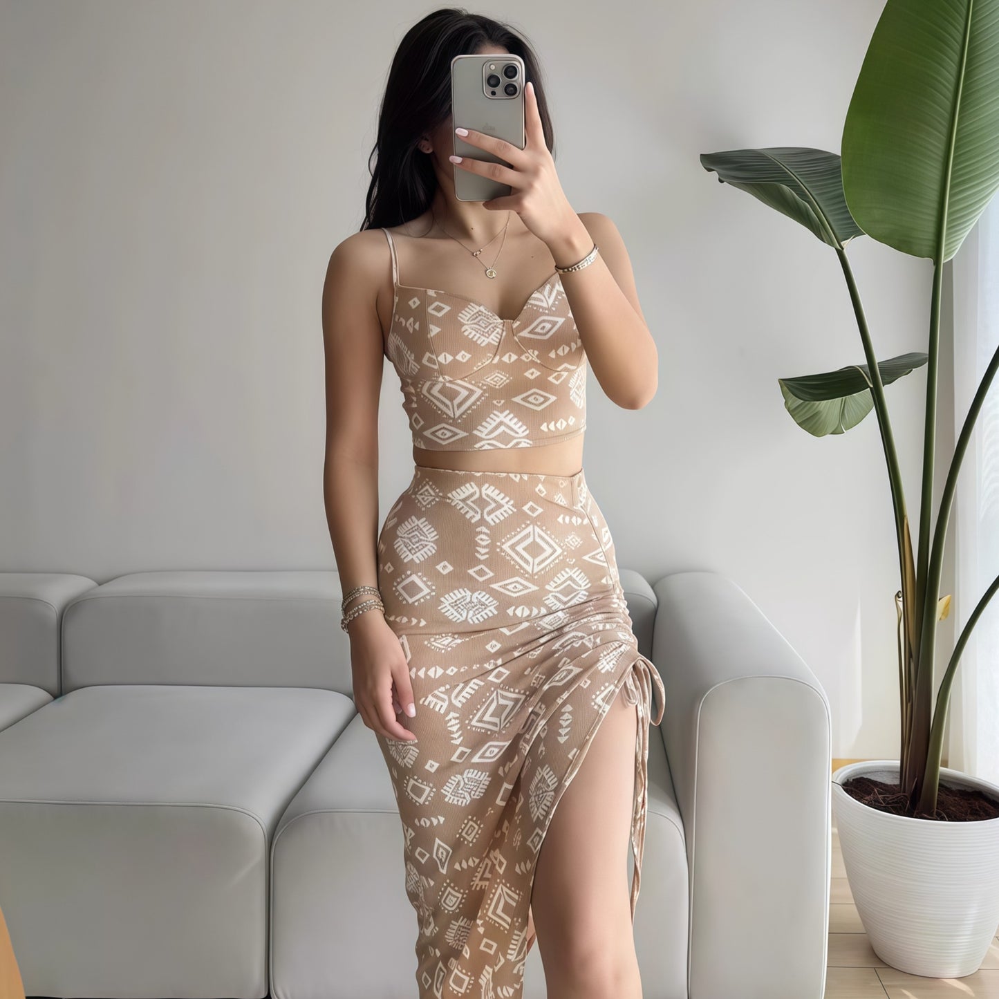 Dame Crop-Top og Maxi-Nederdel Sæt med grafisk mønster Stilla