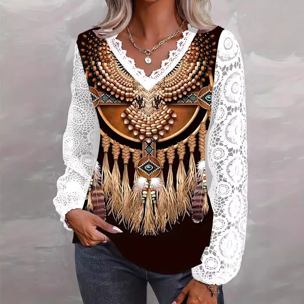 Dame afslappet overdel med detaljeret etno-mønster og spidse ærmer Stilla