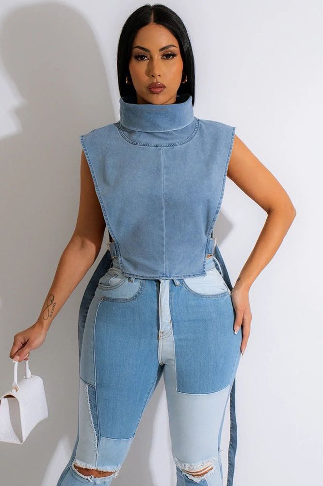 Stilla | Højkrave Ærmeløs Denim Kort Vest